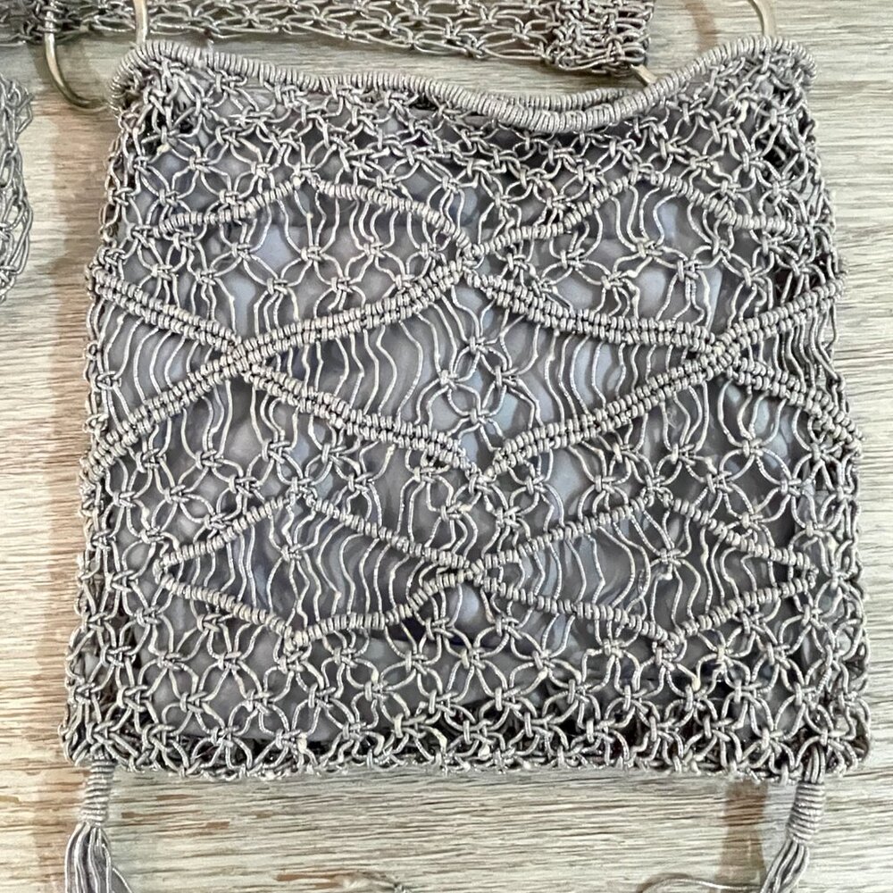 Crossbody Bag Macrame Crochet Beaded Fringe Silver Purse - Picture 7 of 9